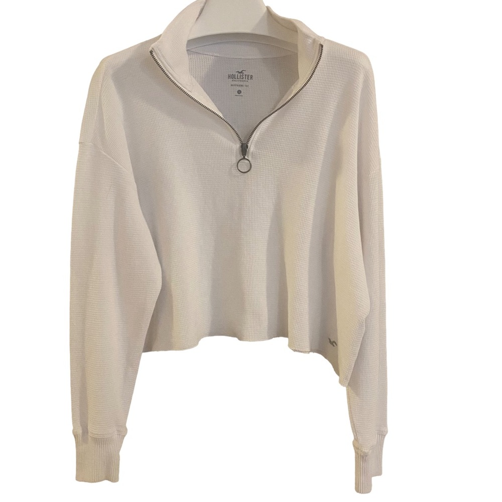 Hollister Women’s Boyfriend Tee White Waffle Weave Cropped Quarterzip Size S